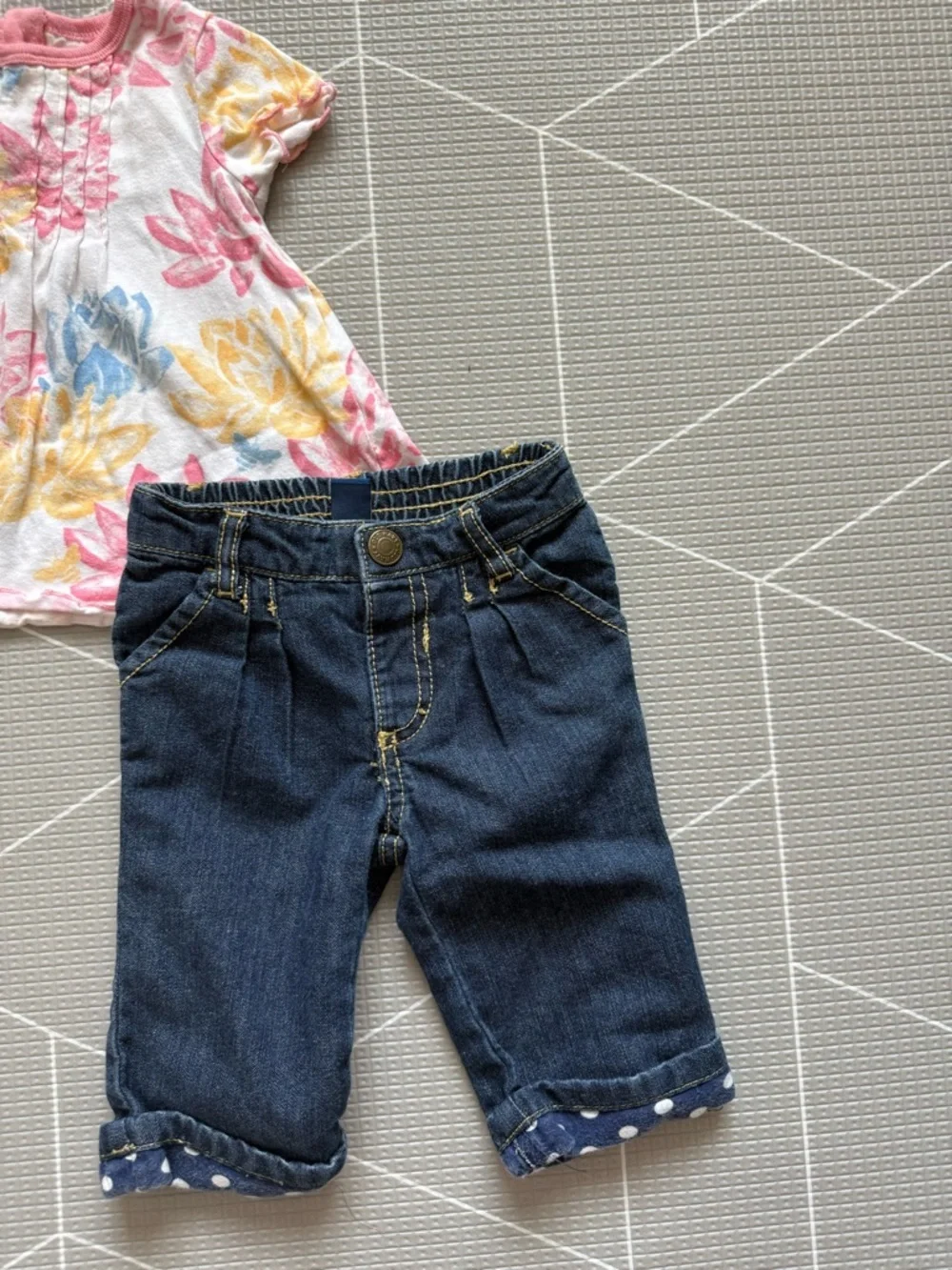Vintage Old navy|Baby girl set,Floral Puff-Sleeve Top & Denim Jeans•Boho summer